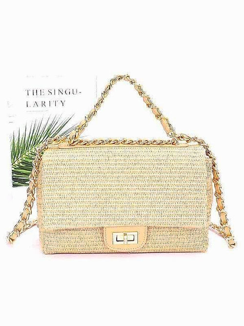 Straw Shoulder Bag with Large Flap and Chain Strap - A new take on a classic. Vertical Pattern.