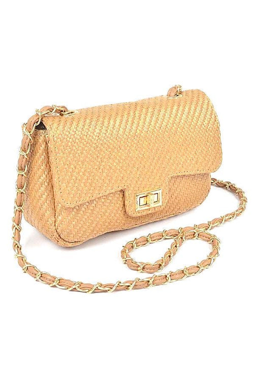 Straw Shoulder Bag with Large Flap and Gold Buckle. Woven Faux Leather and Gold Chain Strap - A new take on a classic. Diagonal Weave.